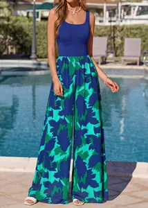 Detailed view of women's sleeveless square-neck jumpsuit with printed wide-leg pants