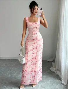 Elegant slim fit pink floral print maxi dress with square neckline for summer wear