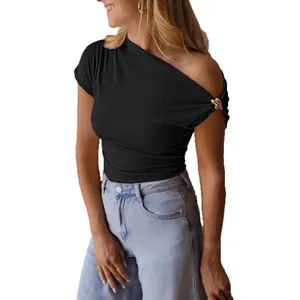 Elegant women's black slim-fit ribbed short sleeve T-shirt with gold metal ring link