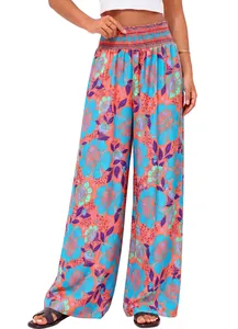 Pantalon de style bohème à taille haute et jambes larges avec imprimé floral tropical