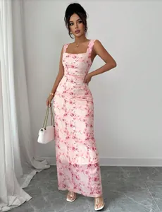 Elegant pink floral print maxi dress featuring a slim fit and square neckline.