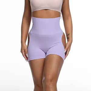 High-waisted lavender tummy control shapewear shorts with hip cut-out design