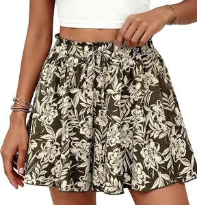 Detailed view of women's floral high waist A-line shorts with drawstring waist.