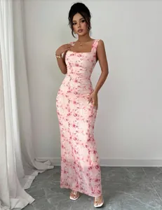 Elegant slim fit pink floral print backless maxi dress with a classic square neckline
