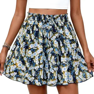 Detailed view of women's high-waisted floral A-line shorts with elastic drawstring waist