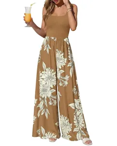 Earthy brown summer sleeveless square neck floral print wide-leg jumpsuit on a model
