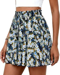 Detailed view of high-waisted floral print A-line shorts with drawstring waist.
