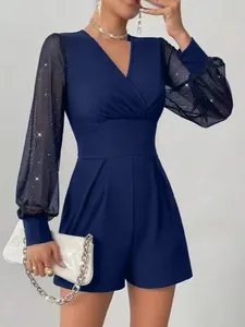 Eleganter dunkelblauer V-Ausschnitt Jumpsuit mit glitzernden Netzärmeln und hoher Taille