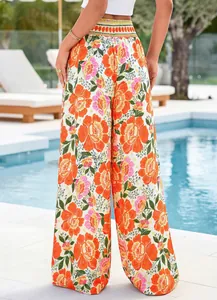 Vue arrière d'un pantalon d'été à taille haute et jambe large avec un bel imprimé floral.