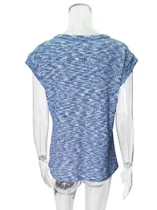 Back view of women's blue waffle knit round neck loose short sleeve top on mannequin