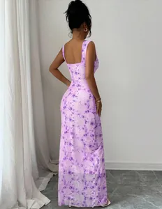 Elegant purple floral print sleeveless backless maxi dress for summer beachwear
