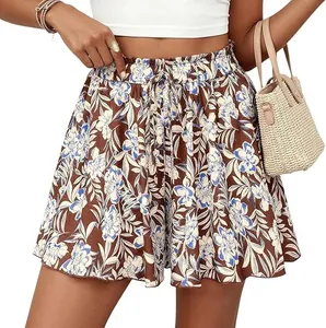 Detailed macro view of high-waist floral print skorts with elastic drawstring waist
