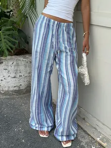 Blue vertical striped wide-leg trousers with drawstring waist for casual resort wear