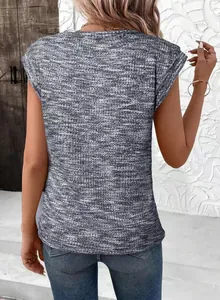 Grey textured waffle knit short sleeve top for women back view