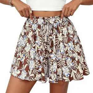 Close-up of high-waisted floral A-line shorts with drawstring waist for summer