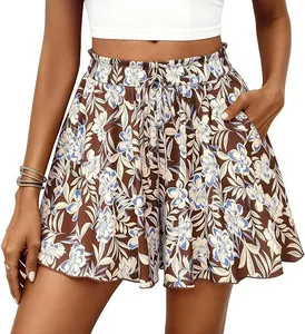 Boho floral high-waisted A-line shorts with drawstring, perfect for summer vacations.