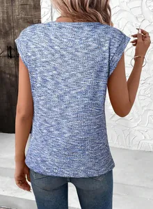 Casual blue and white waffle knit short sleeve top for women shown from the back view