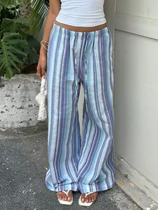 Detailed view of blue and purple striped drawstring wide-leg floor-length trousers
