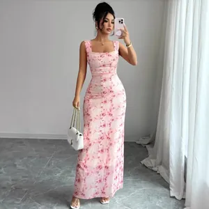 Women Summer Floral Printed Slim Fit Backless Dress Square Neck Sleeveless Sexy Maxi Dress Knitted Long Dress Pink Purple