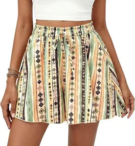 Bohemian high-waisted A-line shorts with ethnic geometric pattern and drawstring waist