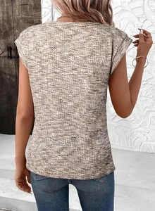 Back view detail of a casual waffle knit round neck short sleeve top in neutral earthy tones