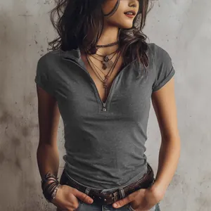 T-shirt femme gris foncé classique avec fermeture éclair et revers