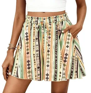 Detailed view of high-waisted A-line shorts with colorful bohemian vertical stripes