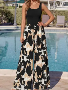 Stylish sleeveless square neck printed wide-leg jumpsuit for summer outdoor wear