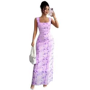 Summer slim fit purple floral print maxi dress with square neck design for women
