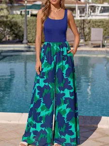 Elegant summer casual sleeveless square neck jumpsuit with floral print wide leg pants