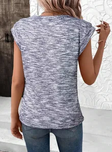 Detail view of a blue and white heathered waffle knit short sleeve top for women back view