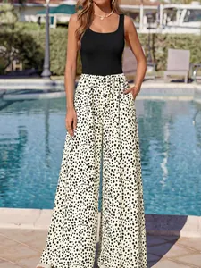 Summer casual sleeveless square neck jumpsuit with spotted wide leg pants for women