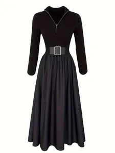 Elegant black long-sleeve Hepburn style dress featuring a V-neck and waist belt