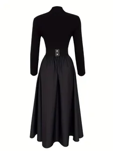 Back view detail of elegant French style black long sleeve dress showing ribbed texture