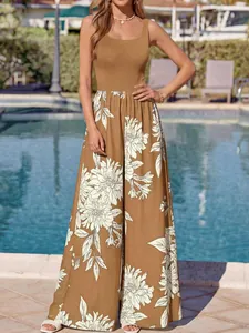 Stylish women's sleeveless square neck floral print wide-leg jumpsuit for summer