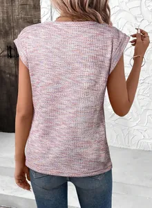 Back view detail of women's colorful waffle knit short sleeve top with loose fit style