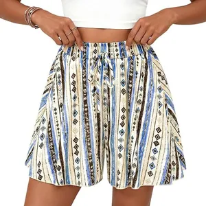 Bohemian high-waisted A-line shorts with ethnic geometric patterns in blue and white