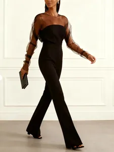 Combinaison noire élégante avec patchwork en mesh sexy et bustier sans bretelles