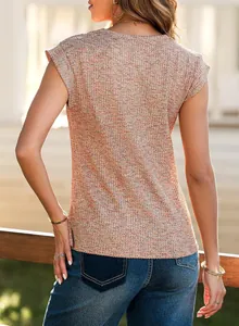Back view of a women's colorful waffle knit short sleeve top with a crew neck design