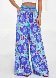 Pantalon large à taille haute confortable avec un imprimé floral bleu éclatant pour l'été