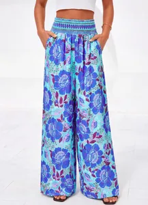 Pantalon long d'été bohème à imprimé floral pour femme avec taille haute et jambe large