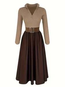 Elegant ribbed knit long sleeve dress with half-zip V-neck and a belted A-line midi skirt