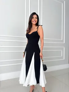 Elegant French style black and white color-block camisole maxi dress with slit hem