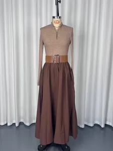 French style autumn outfit with taupe ribbed long sleeve top and brown maxi skirt