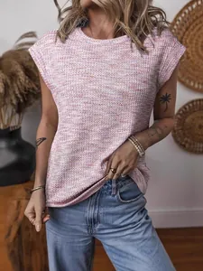 Women's casual waffle knit round neck short sleeve top in pink melange