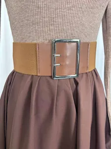 Detail of a brown wide elastic waist belt with a polished silver square buckle on a skirt.