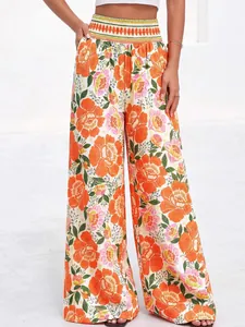Pantalon à Jambes Larges pour Femmes Imprimé Floral Été Taille Haute Froncée Boho Décontracté Pantalon Long Plage Resort