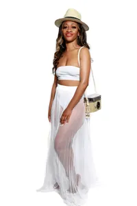 Ensemble de maillot de bain 3 pièces blanc avec jupe longue en maille plissée transparente