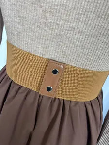 Macro view of wide elastic waist belt with metal eyelets on Hepburn style dress