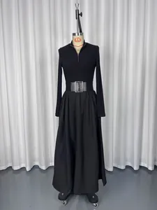 Full view of elegant black long-sleeve maxi dress with zip collar and belted waist detail